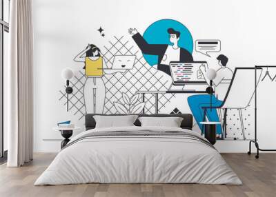 Developers team outline web concept in modern flat line design. Programmers and coding engineers working at project, connecting with manager, finding solutions for new product. Vector illustration Wall mural