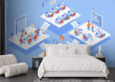 Development company concept 3d isometric web scene with infographic. People work at different programming and engineering departments at agency office. Illustration in isometry graphic design Wall mural