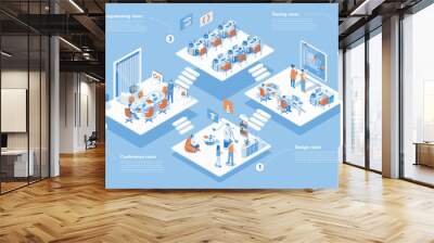 Development company concept 3d isometric web scene with infographic. People work at different programming and engineering departments at agency office. Vector illustration in isometry graphic design Wall mural