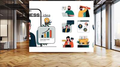 Digital business concept with character situations collection. Bundle of scenes people making data analysis, creating online company, developing, advertising. Vector illustrations in flat web design Wall mural