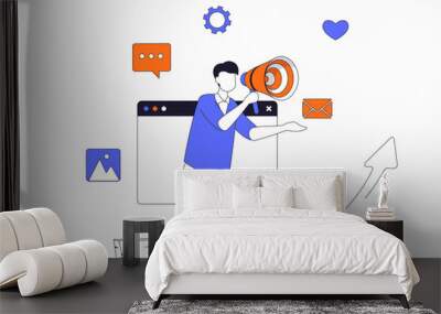 Digital marketing concept with people scene in flat outline design. Man with megaphone making advertising campaign to audience in internet. Illustration with line character situation for web Wall mural