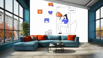 Digital marketing concept with people scene in flat outline design. Woman with megaphone making online brand promotion in social networks. Illustration with line character situation for web Wall mural