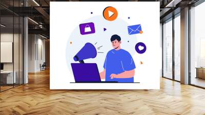 Digital marketing modern flat concept for web banner design. Male marketer creates promotional video content, makes mailings and attracts new customers. Vector illustration with isolated people scene Wall mural