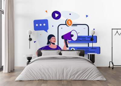 Digital marketing modern flat concept for web banner design. Woman with megaphone makes advertising mailings in chats and online business promotion. Illustration with isolated people scene Wall mural