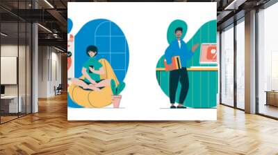 Discount sales concept with people scenes set in flat web design. Bundle of character situations with men and women shopping with bargain prices, ordering online and purchasing. Vector illustrations. Wall mural