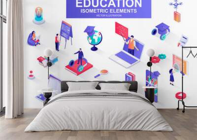 Education bundle of isometric elements. Academic cap, online library, studying student, distance learning, webinar, homework isolated icons. Isometric vector illustration kit with people characters. Wall mural