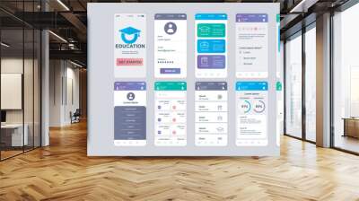 Education mobile app screens set for web templates. Pack of student profile, learning courses, calendar, online lessons, progress. UI, UX, GUI user interface kit for cellphone layouts. Vector design Wall mural