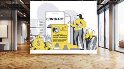 Electronic contract concept with outline people scene. Woman signing electronic agreements with digital signature, making business deal online. Illustration in flat line design for web template Wall mural