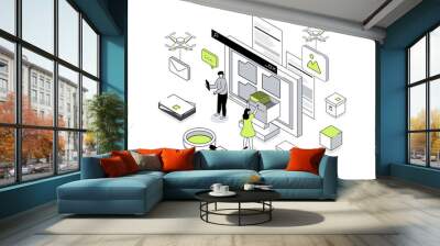 Electronic organization files 3d isometric concept in outline isometry design for web. People working with digital database at computer screen, organizing folders for storage. Illustration. Wall mural