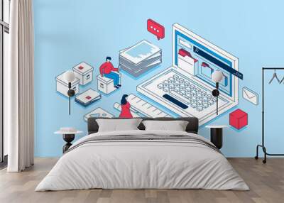 Electronic organization files concept in 3d isometric design. People working with digital database, organizing files in folders on laptop. Illustration with isometry scene for web graphic Wall mural