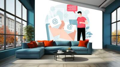 Email service concept with people scene in flat design. Man receiving lot of letters from online contacts and answering using mail client app. Illustration with character situation for web Wall mural