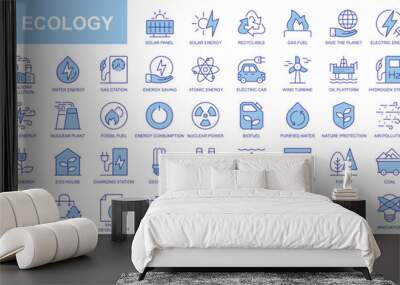 Energy and ecology web icons set in duotone outline stroke design. Pack pictograms with solar panel, recyclable, gas fuel, save planet, accumulator, electric light, nuclear power. Vector illustration. Wall mural