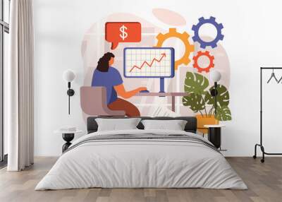 Financial analysis web concept in flat design. Woman works on computer, analyzes data, makes report and calculating budget. Audit, investment and accounting. Illustration with people scene Wall mural