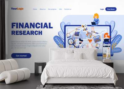 Financial research flat landing page template with header. Data analysis web banner, homepage design. Analytics and statistics vector illustration. Information overview, business forecast concept Wall mural