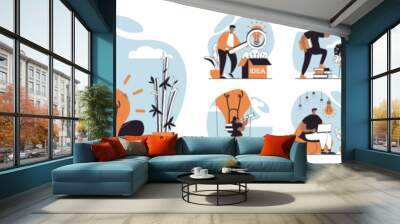 Finding ideas concept with people scenes mega set in flat web design. Bundle of character situation with brainstorm, develop project plan, create strategy, thinking and solving. Vector illustrations. Wall mural