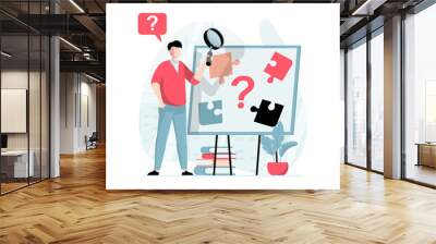 Finding solution concept with people scene in flat design. Man with magnifier examines problem, assembles puzzle, solves jigsaw and finds answers. Illustration with character situation for web Wall mural