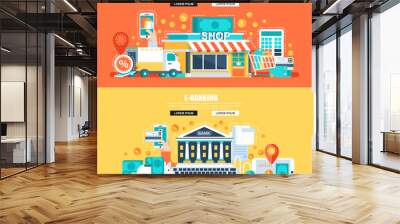 Flat concept web banner of e-commerce sales, online banking Wall mural