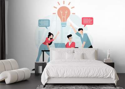 Focus group concept with people scene in flat design. Marketer team discusses and conducts marketing research, analyzes buyers to promote business. Illustration with character situation for web Wall mural