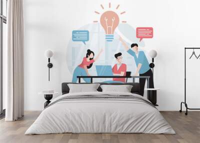 Focus group concept with people scene in flat design. Marketer team discusses and conducts marketing research, analyzes buyers to promote business. Vector illustration with character situation for web Wall mural