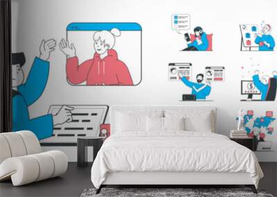 Freelance concept with character situations collection. Bundle of scenes people working online, freelancers do tasks, discussing in video chats, earning profit. Vector illustrations in flat web design Wall mural