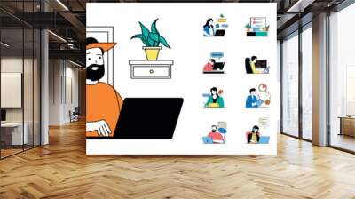 Freelance concept with character situations mega set. Bundle of scenes people organizing workflow at home, making tasks and communicates with colleagues online. Vector illustrations in flat web design Wall mural