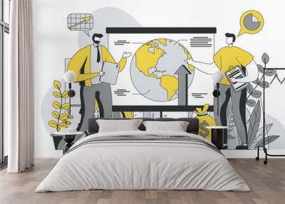 Global business strategy concept with outline people scene. Men discuss expansion strategy on globe map, marketing in international company. Vector illustration in flat line design for web template Wall mural