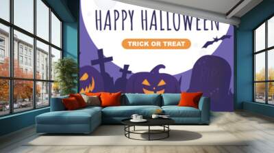 Happy Halloween banner design. Party invitation template with spooky pumpkins with glowing evil smile, huge mystery moon at night, flying bats, cemetery tombstones silhouette. Vector illustration. Wall mural