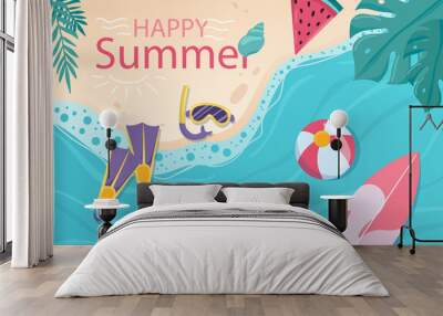 Happy summer background in flat cartoon design. Wallpaper with sandy summer beach with sea, palm leaves, diving mask, surfboard, ball and watermelon. Vector illustration for poster or banner template Wall mural