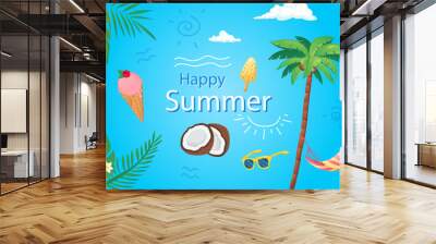 Happy summer background in flat cartoon design. Wallpaper with summertime composition, palm leaves, sunglasses, ice creams, coconut, hammock at tree. Vector illustration for poster or banner template Wall mural