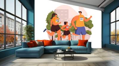 Healthy families web concept in flat design. Happy father, mother and daughter in sportswear running at marathon. Parents and child training together outdoors. Vector illustration with people scene Wall mural