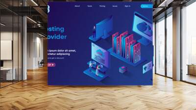 Hosting provider concept 3d isometric web landing page. People working with hardware and software of internet provider, network mainframe infrastructure. Vector illustration for web template design Wall mural