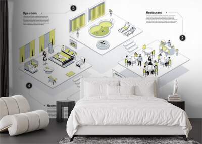 Hotel 3d isometric concept in outline design for web. People in isometry rooms registerating at reception, tourists check into apartment, dining in restaurant, relax in spa area. Vector illustration. Wall mural