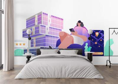 Hotel booking concept for web banner. Woman traveler reserves room or apartment in mobile app for vacation, modern people scene. Illustration in flat cartoon design with person characters Wall mural