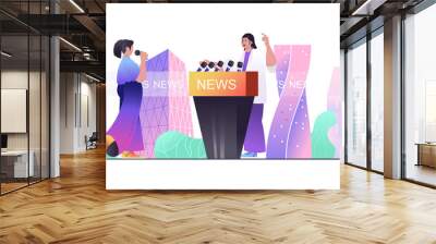 Journalism concept for web banner. Woman journalist takes commentary or interview, host of news in tv studio, modern people scene. Vector illustration in flat cartoon design with person characters Wall mural