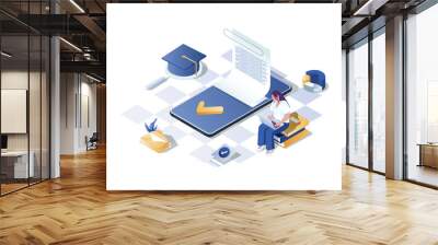 learning management system concept 3d isometric web scene. people studying at online courses platfor Wall mural