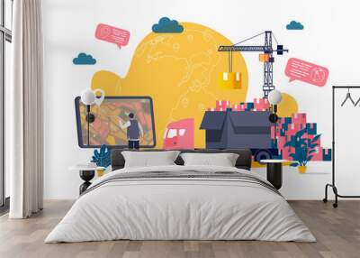 Logistics concept in flat style. Warehouse worker planning route on computer scene. Express delivery service, warehousing and distribution. Vector illustration with people characters in work situation Wall mural