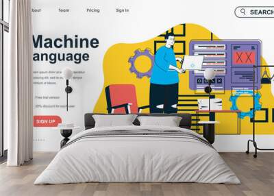 Machine language concept for landing page template. Programmer gives instruction and works on laptop. Software development people scene. Vector illustration with flat character design for web banner Wall mural