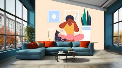 Massage face concept with people scene in flat design. Woman doing facial massage using hands technique, doing daily care beauty routine at home. Illustration with character situation for web Wall mural