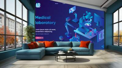 Medical laboratory concept isometric landing page. Team of scientists develops medicines, does medical research in lab, 3d web banner template. Vector illustration with people scene in flat design Wall mural