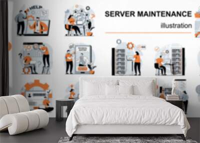 Mega set flat design concept DevOps, SaaS, technical support, server maintenance with people character situations. Bundle of different scenes. Collection vector illustrations. Wall mural