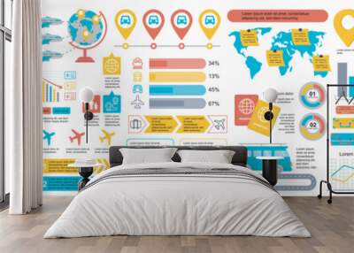 Mega set of travel infographic elements data visualization vector design template. Can be used for steps, options, business process, workflow, diagram, flowchart, timeline. Bundle info graphics. Wall mural