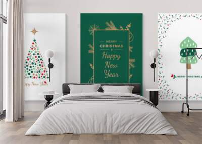 Merry Christmas and Happy New Year 2023 brochure covers set. Xmas minimal banner design with festive trees with toys, balls and other symbols. Vector illustration for flyer, poster or greeting card. Wall mural