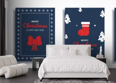 Merry Christmas and New Year 2023 brochure covers set. Xmas minimal banner design with festive trees, red bows and socks at blue background. Illustration for flyer, poster or greeting card Wall mural