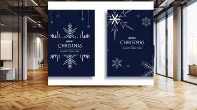 Merry Christmas and New Year 2023 brochure covers set. Xmas minimal banner design with white snowflakes decorative borders on blue backgrounds. Illustration for flyer, poster or greeting card Wall mural