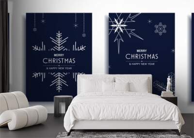 Merry Christmas and New Year 2024 brochure covers set. Xmas minimal banner design with white snowflakes decorative borders on blue backgrounds. Vector illustration for flyer, poster or greeting card Wall mural