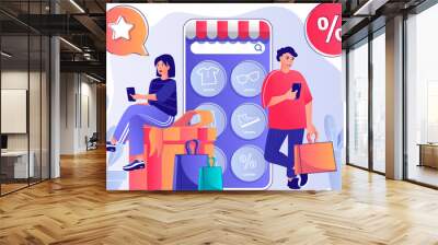 Mobile commerce concept with people scene. Woman and man byers making purchases, ordering at website shop, online paying in application. Illustration with characters in flat design for web Wall mural