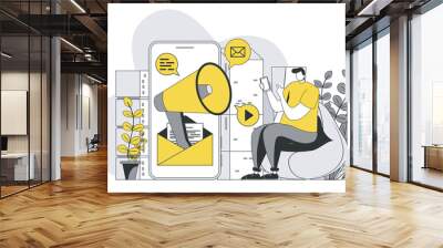 Mobile marketing concept with outline people scene. Marketer conduct advertising campaign in applications, make mailings and attract buyers. Illustration in flat line design for web template Wall mural