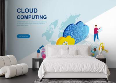 Modern flat design isometric concept of Cloud Technology decorated people character for website and mobile website development. Isometric landing page template. Vector illustration. Wall mural