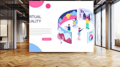 Modern flat design isometric concept of Virtual Augmented Reality for banner and website. Isometric landing page template. People wearing headset with touching vr interface. Vector illustration. Wall mural