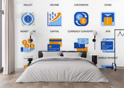 Money transaction icons set in flat style. Credit card service, currency converter, online and mobile payment, money flow, checkbook and cash signs. Capital management pictograms for UX UI design. Wall mural